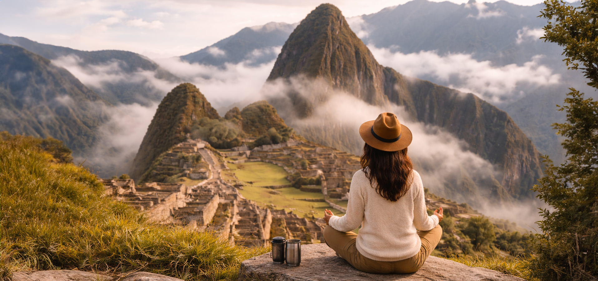 mulher sentada meditando com vista para Machu Picchu, apreciando as ruínas incas com calma