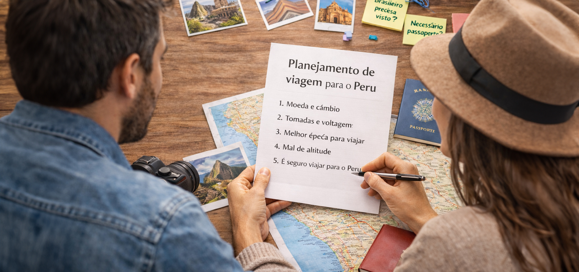 Casal planejando uma viagem para o Peru com mapa, passaporte, câmera fotográfica e lista de planejamento sobre a mesa.