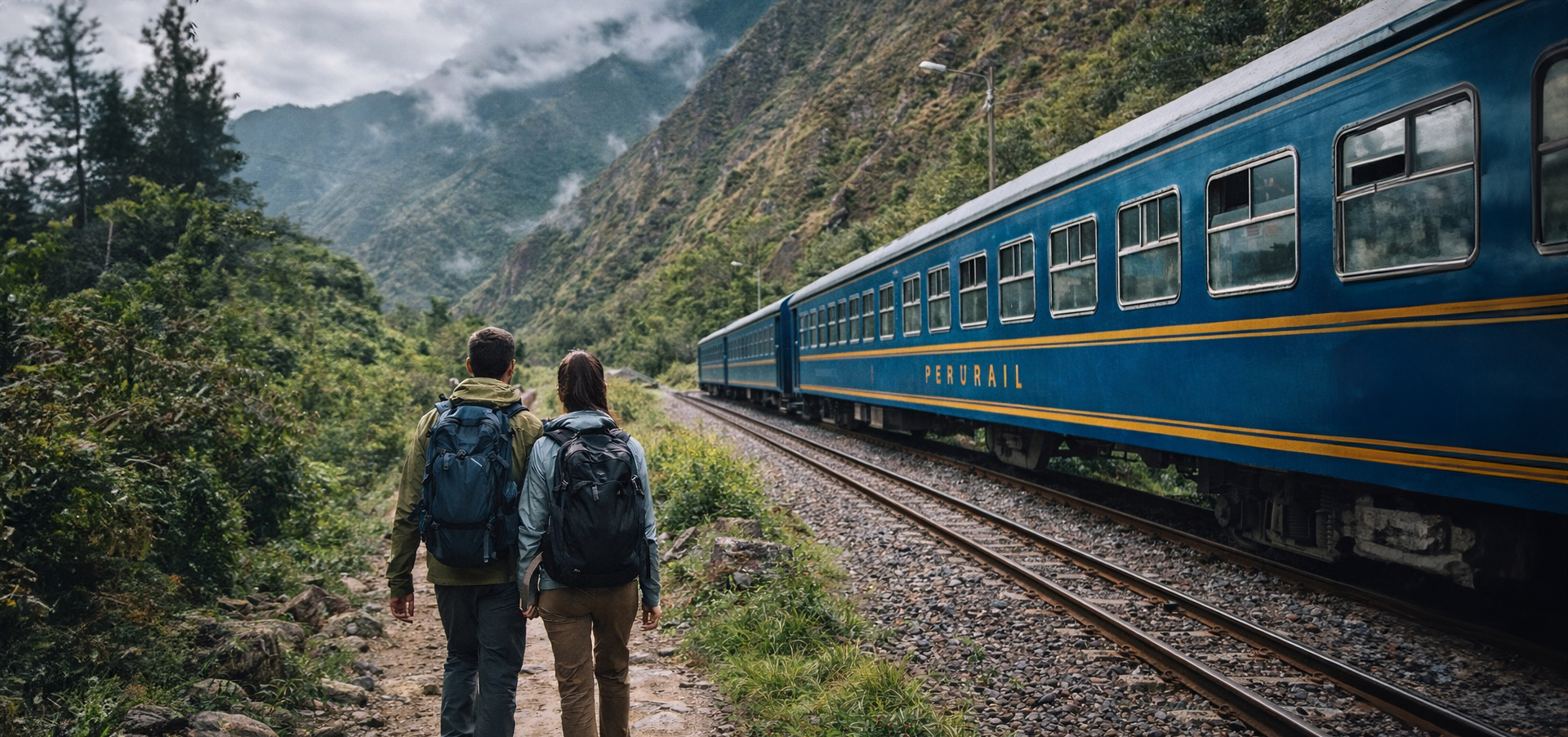 Casal caminhando ao lado de um trem da PeruRail nos Andes, no trajeto para Machu Picchu.