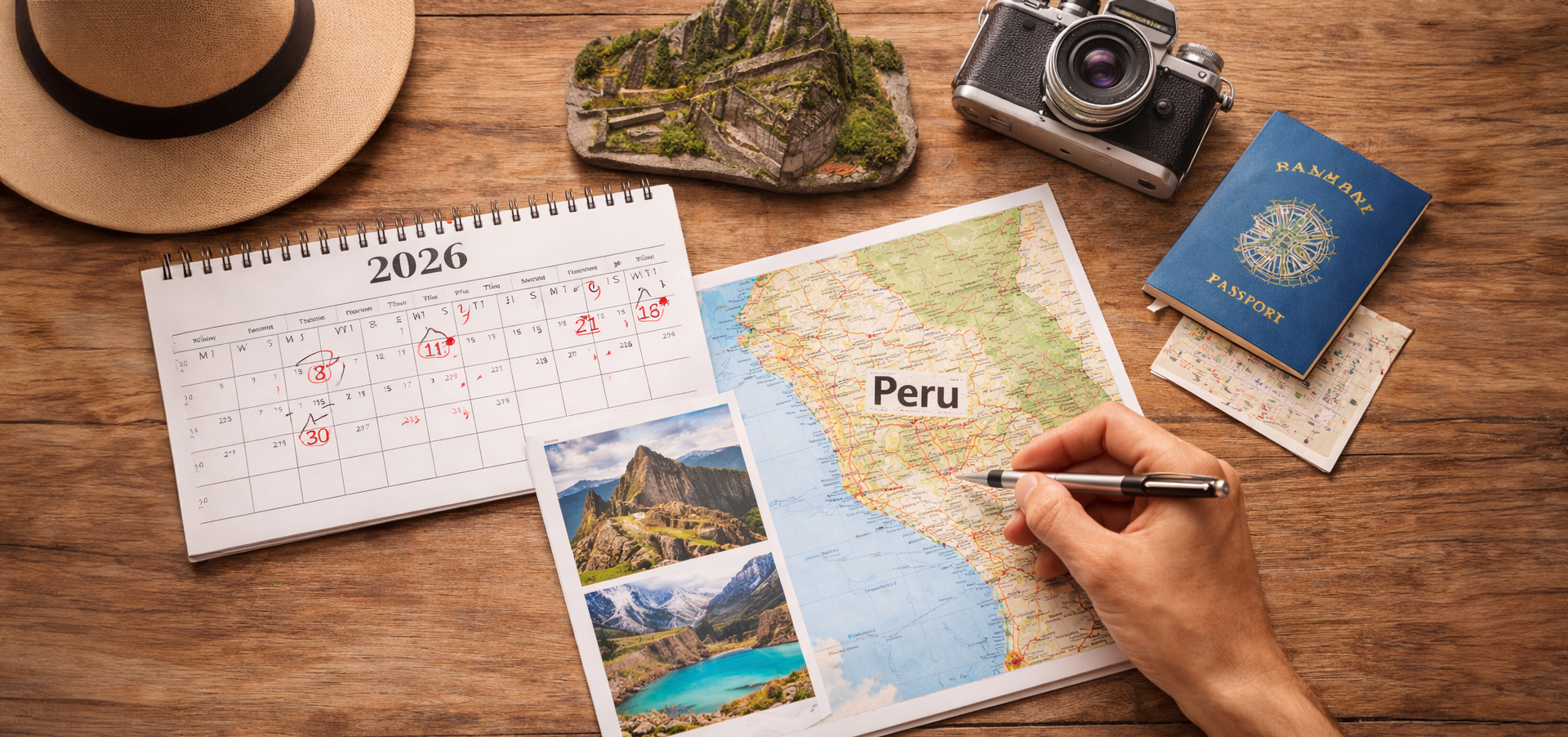 uma mesa vista de cima com vários objetos em cima: um chapéu, um clanedário de 2026, um passaporte, uma miniatura de Machu Picchu, uma camera e um mapa do Peru. Uma mão segurando uma caneta também aparece. Alguém plenejando uma viagem para o Peru